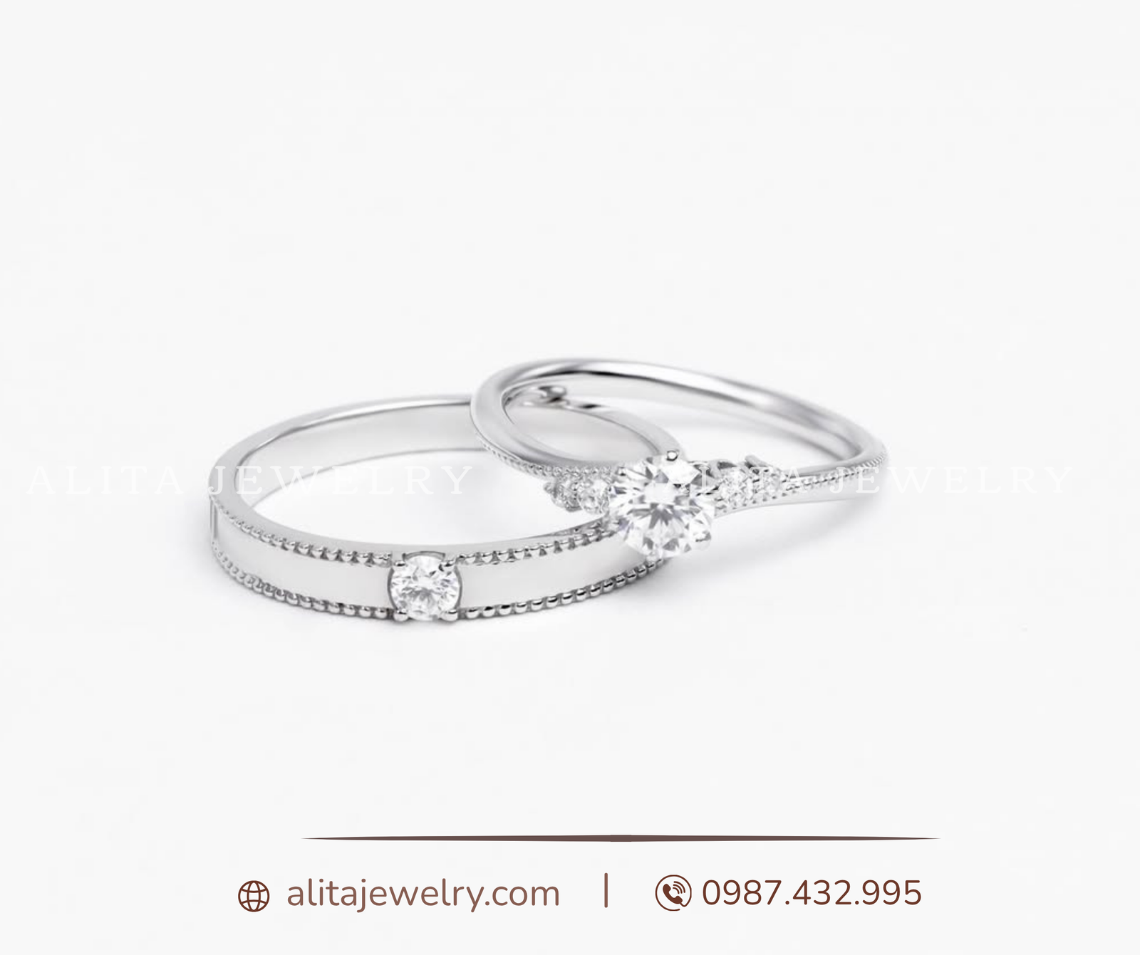 Cặp nhẫn cưới vàng trắng 14K CNC012