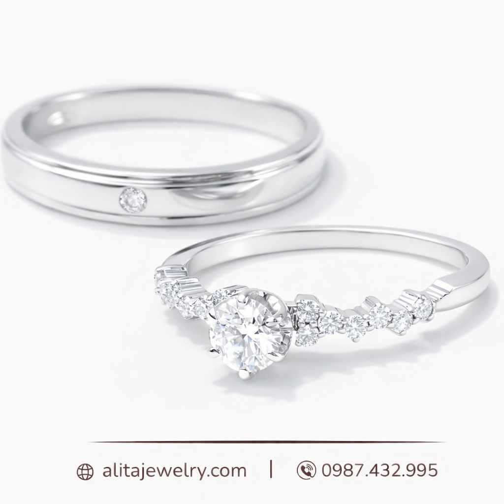 Cặp nhẫn cưới vàng trắng 14k CNC003