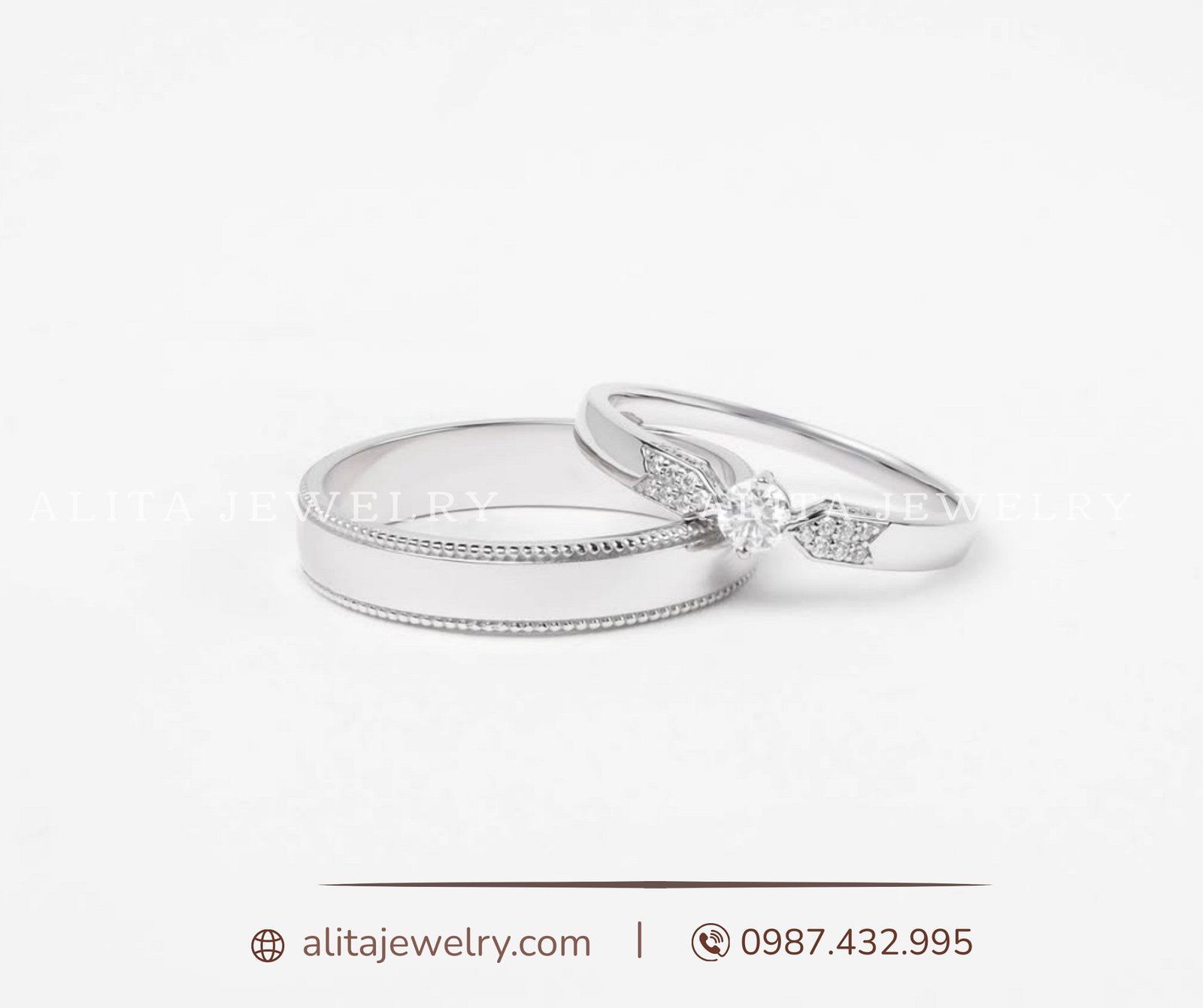 Cặp nhẫn cưới vàng trắng 14k CNC001