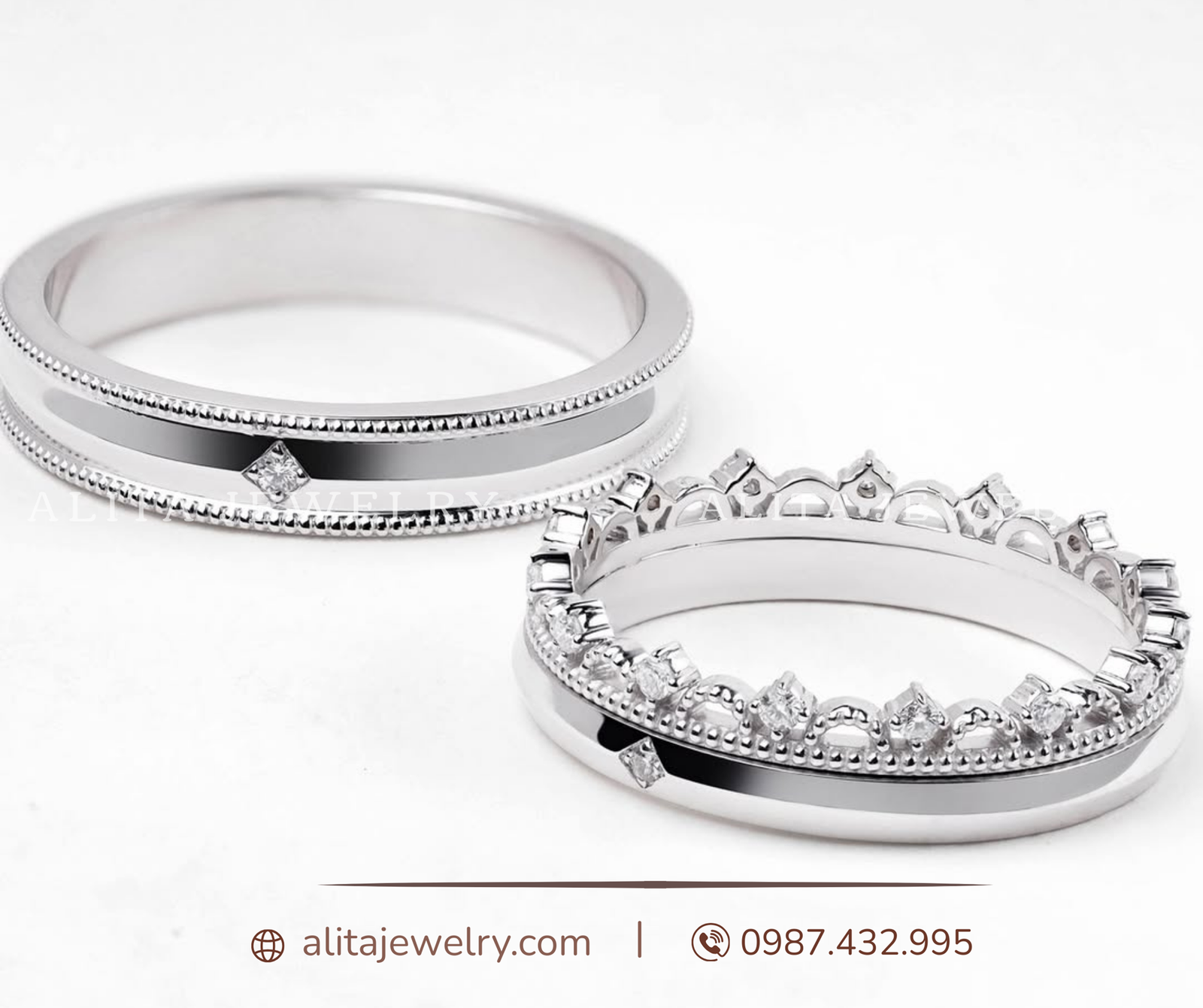 Cặp nhẫn cưới vàng trắng 14K CNC011