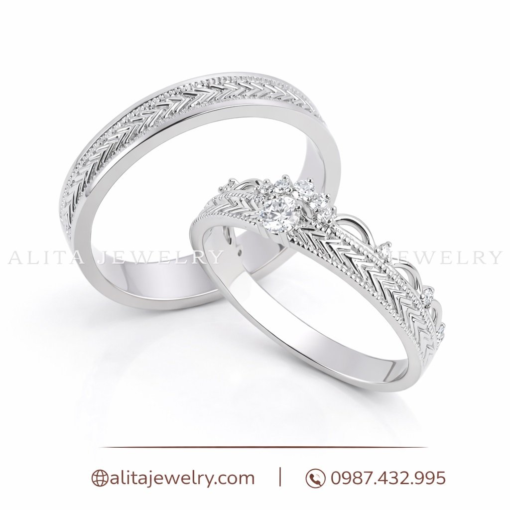 Cặp nhẫn cưới vàng trắng 14k CNC002