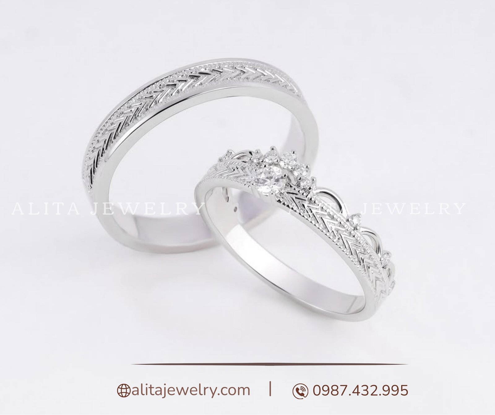 Cặp nhẫn cưới vàng trắng 14k CNC002